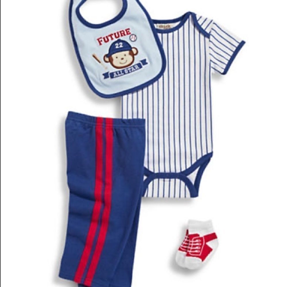 Chick Pea Infant Boys Four-Piece Baseball Monkey Set-BLUE-9-12 Months